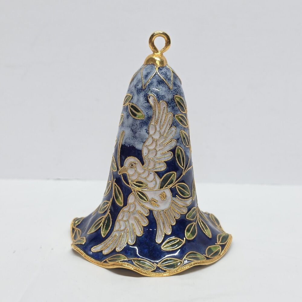 Vintage Cloisonne Large Blue Bell White Dove Of Peace Ornament Traditional Asian